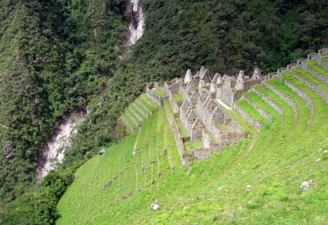 Terrazas y recintos incas de Wiñay Wayna entre montañas verdes